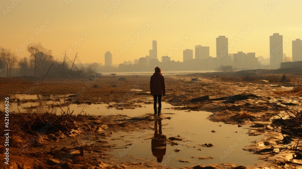 Aufkleber a person standing in a muddy field with a city in the background. generative ai image.