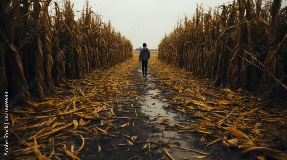 Poster a person standing in a field of corn. generative ai image.