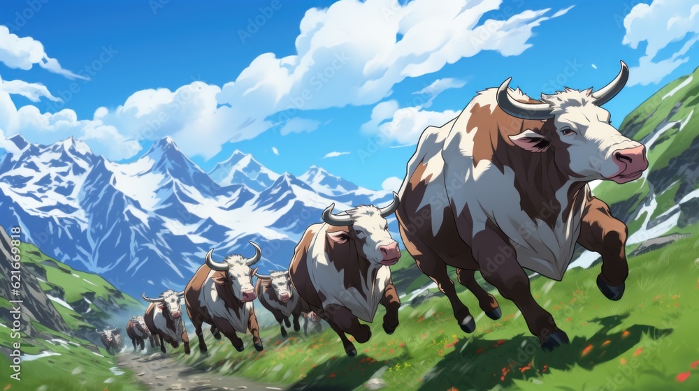 Poster a herd of cows running down a green hillside. generative ai image.
