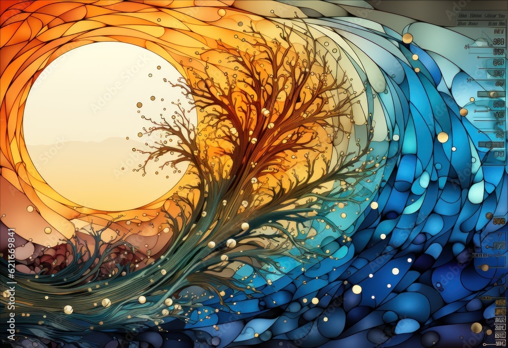 Poster a painting of a tree in the middle of a wave. generative ai image.