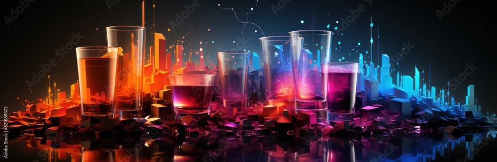 Poster a group of glasses filled with different colored liquids. generative ai image.