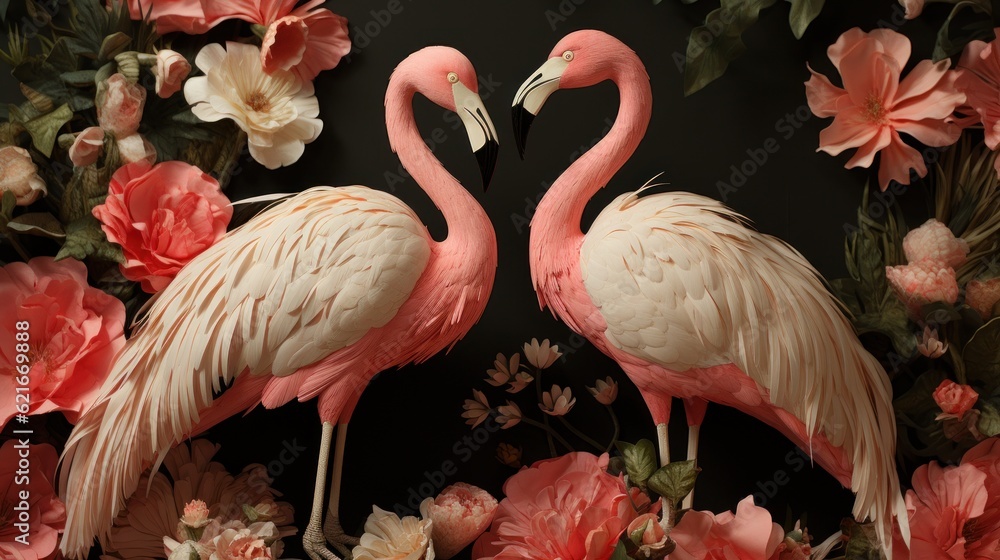 Poster Two pink flamingos standing next to each other. Generative AI image.