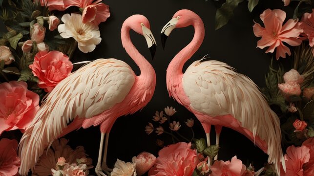 Two pink flamingos standing next to each other. Generative AI image.