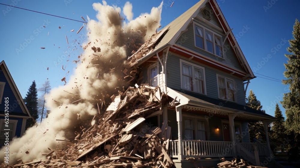 Aufkleber a large pile of rubble in front of a house. generative ai image.