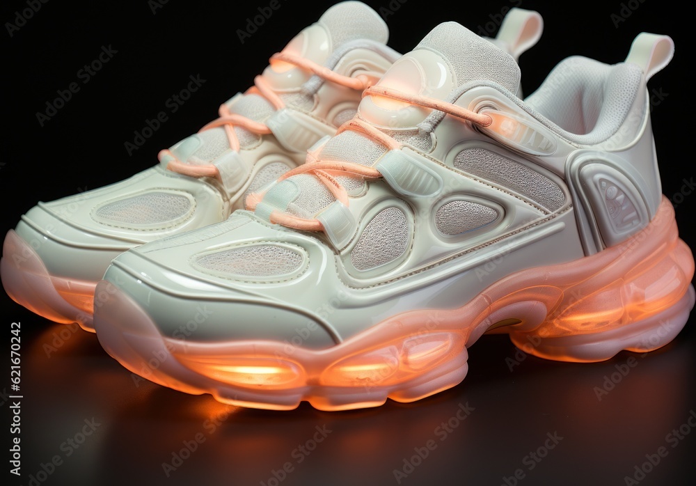 Poster a close up of a pair of shoes with lights on. generative ai image.