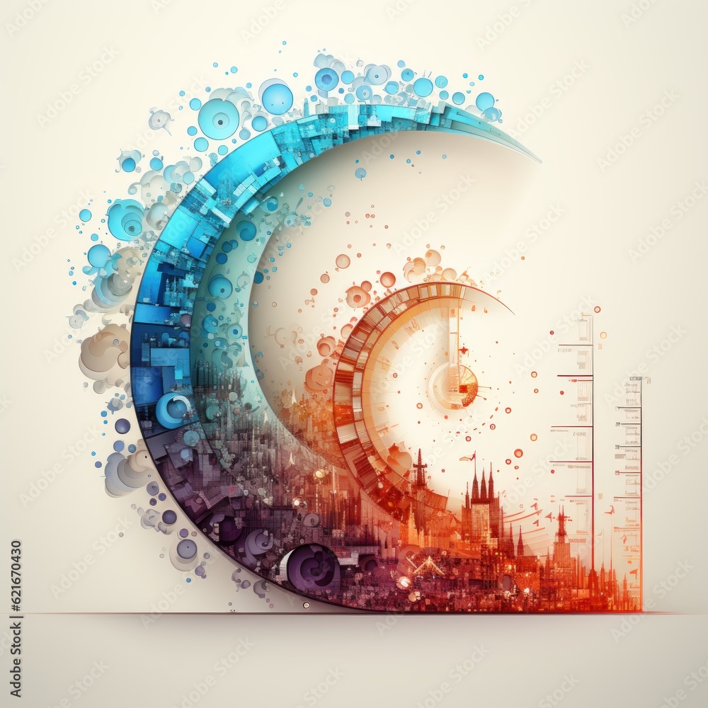 Poster a clock with a city in the background. generative ai image.