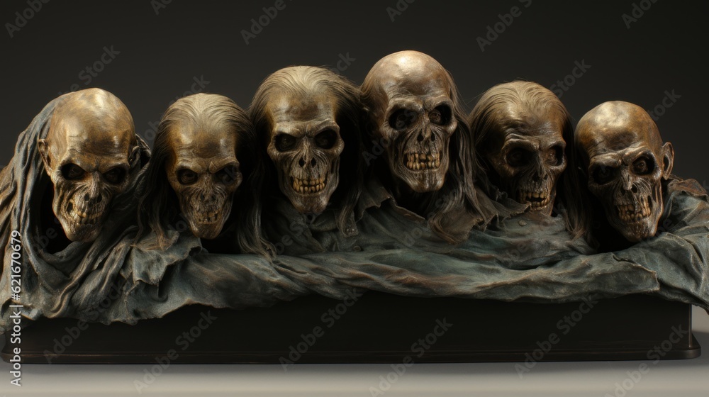 Poster a group of skulls sitting on top of a table. generative ai image.