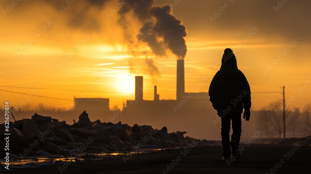 Poster a person walking down a road in front of a factory. generative ai image.
