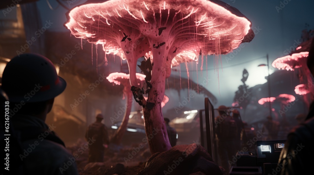 Poster a group of people standing in front of a mushroom. generative ai image.