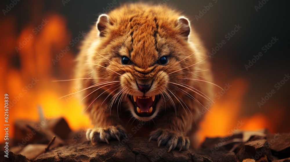 Poster a cat with its mouth open standing on a pile of leaves. generative ai image.