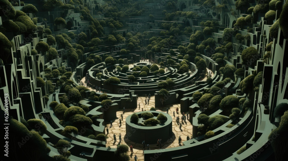 Poster A circular maze with trees in the middle of it. Generative AI image.