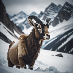 Goat on snowy mountain