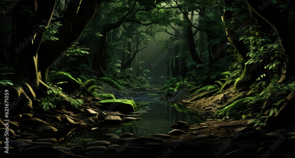 Poster a stream running through a lush green forest. generative ai image.