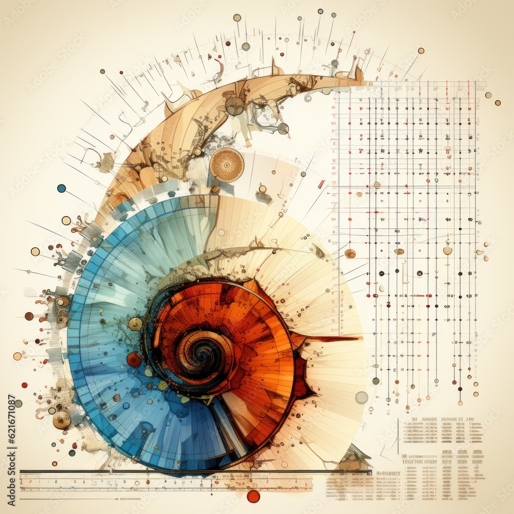 Poster a spiral design with circles and dots on a beige background. generative ai image.