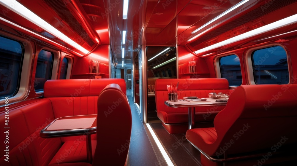 Poster a red train car with red seats and a table. generative ai image.