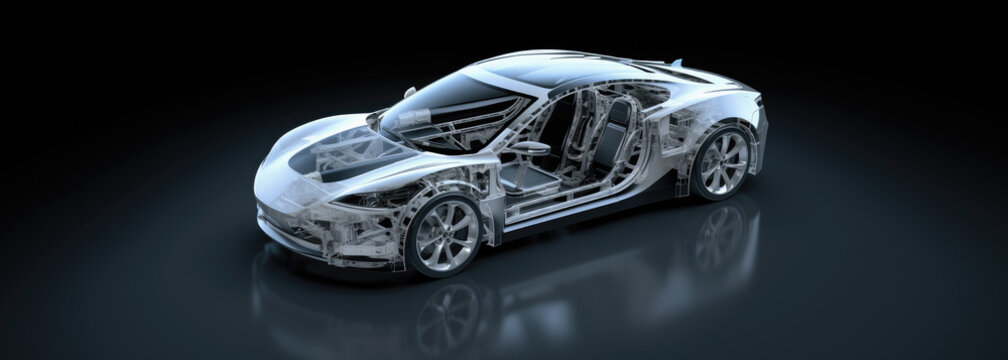New age of automotive parts and panel design. automotive design and engineering. Black background. Hand edited generative AI.