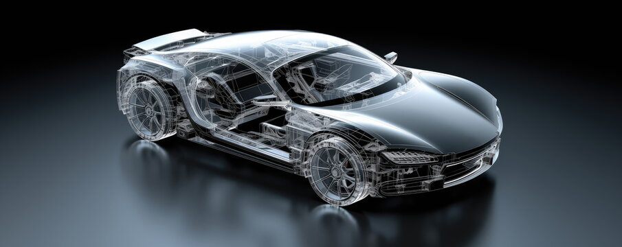 New age of automotive parts and panel design. automotive design and engineering. Black background. Hand edited generative AI.
