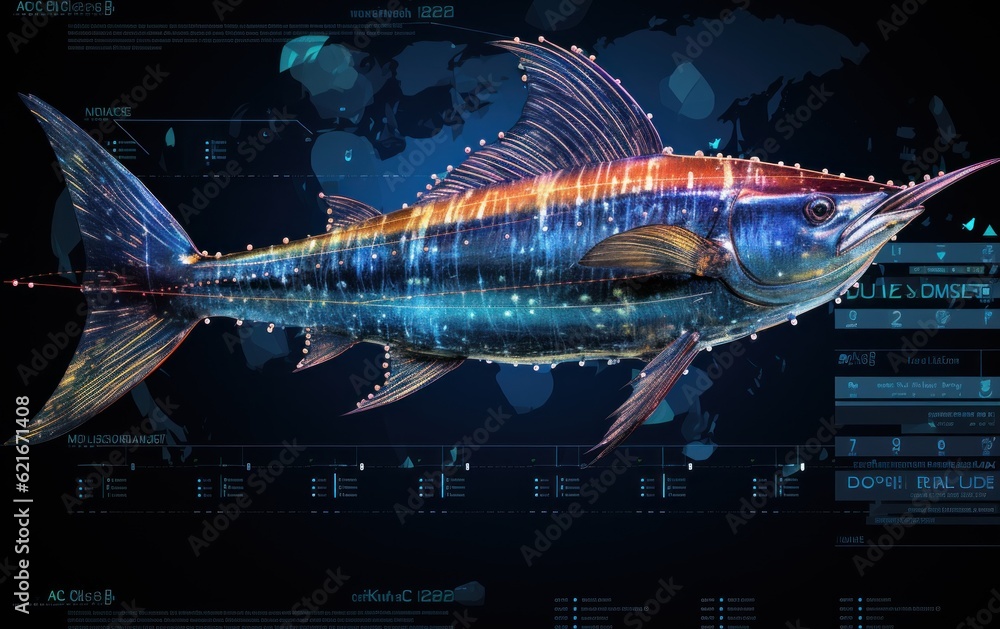 Poster a large fish with a lot of lights on it. generative ai image.
