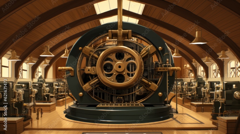 Poster a large clock sitting inside of a building. generative ai image.