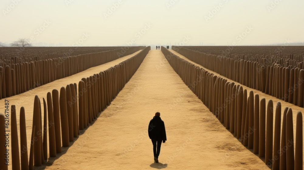 Poster a person walking down a path between rows of wooden fences. generative ai image.
