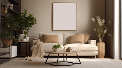 living room with beige sofa and frame with blank picture, ai generative illustration