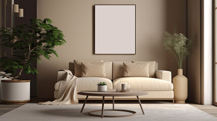 living room with beige sofa and frame with blank picture, ai generative illustration