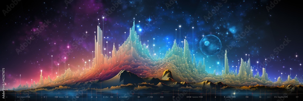 Poster A computer screen with a mountain and stars in the background. Generative AI image.