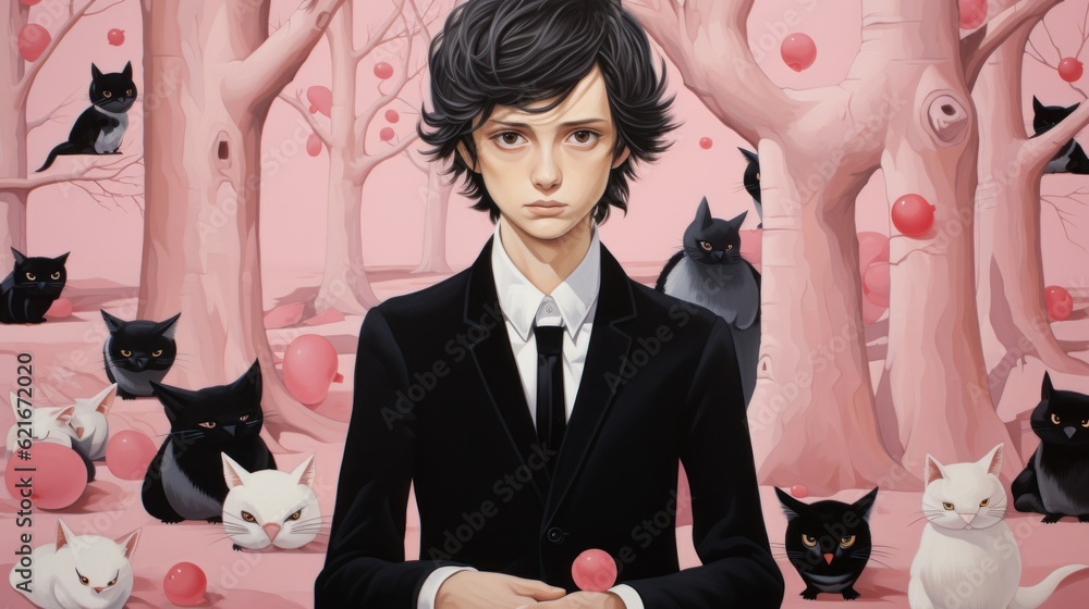 Poster a painting of a man in a tuxedo surrounded by cats. generative ai image.