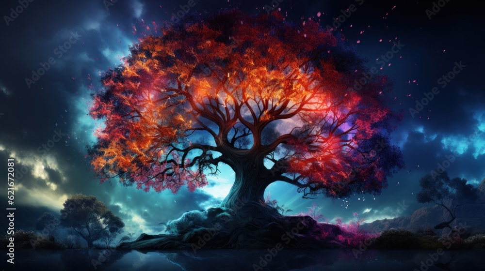 Poster a tree that is in the middle of a field. generative ai image.