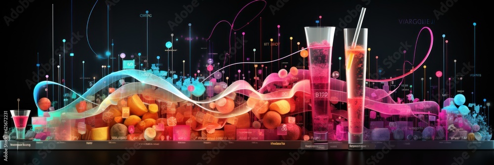 Poster a bunch of different colored liquids in a glass. generative ai image.