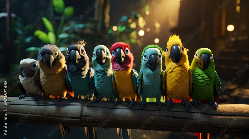 Poster A group of colorful parrots sitting on a branch. Generative AI image.