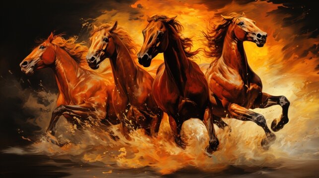 A group of horses running through a fire filled field. Generative AI image.
