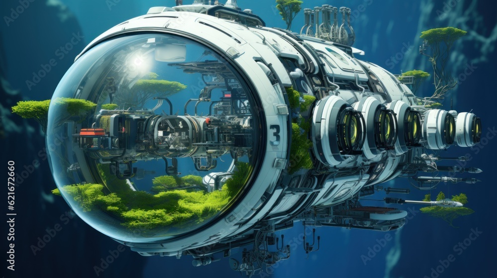 Poster a futuristic submarine floating in the ocean. generative ai image.
