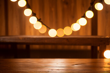 Empty wooden table top with lights bokeh on blur background. generative ai