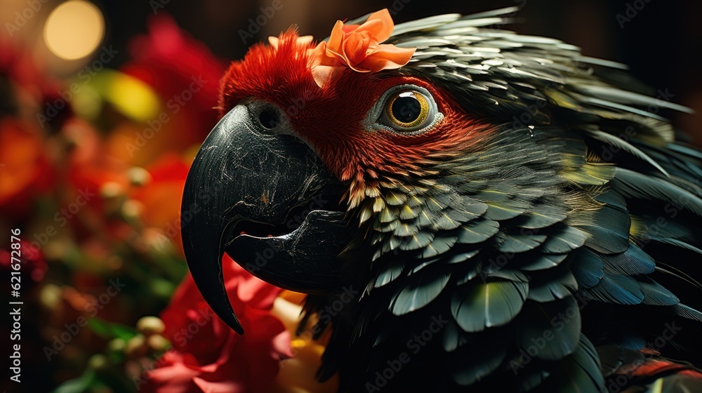 Poster A close up of a parrot with a flower in the background. Generative AI image.