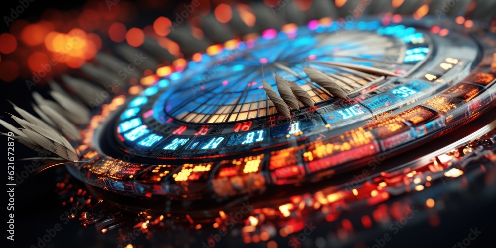 Poster a close up of a clock with lights in the background. generative ai image.