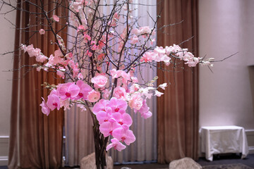 Fairytale Wedding Blush Pink Rose Orchids Cherry Blossom Branches Reception Ceremony Elegant Flower Event Flowers Events Table Settings