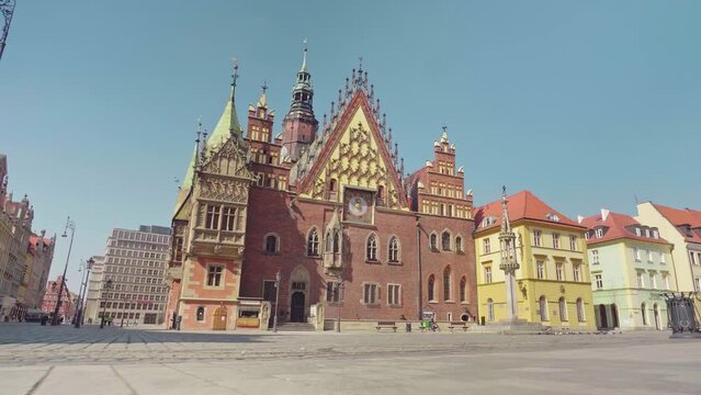 The Market Square in Wroclaw, Poland. Historical city center, Landmark, Architecture, Urban landscape, Cultural heritage, 4K footage, gimbal shots, Cinematic footage, Panoramic view, Town hall