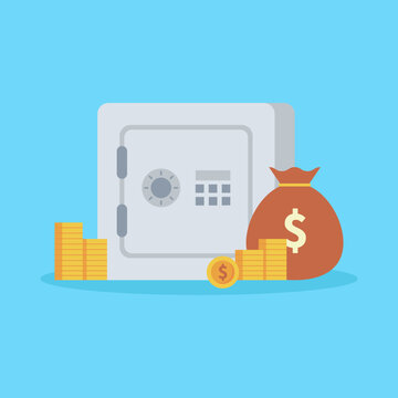 Safe box with money isolated on blue background. vector illustration.