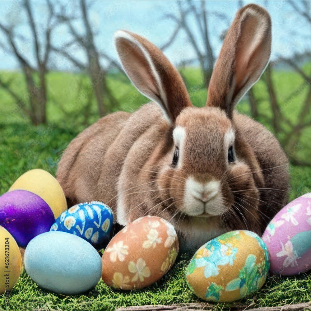 Poster rabbit with easter eggs. image created by ai