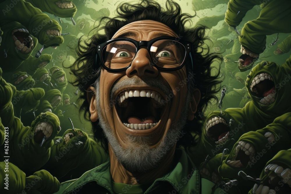 Aufkleber a man with glasses is screaming in front of a bunch of zombies. generative ai image.