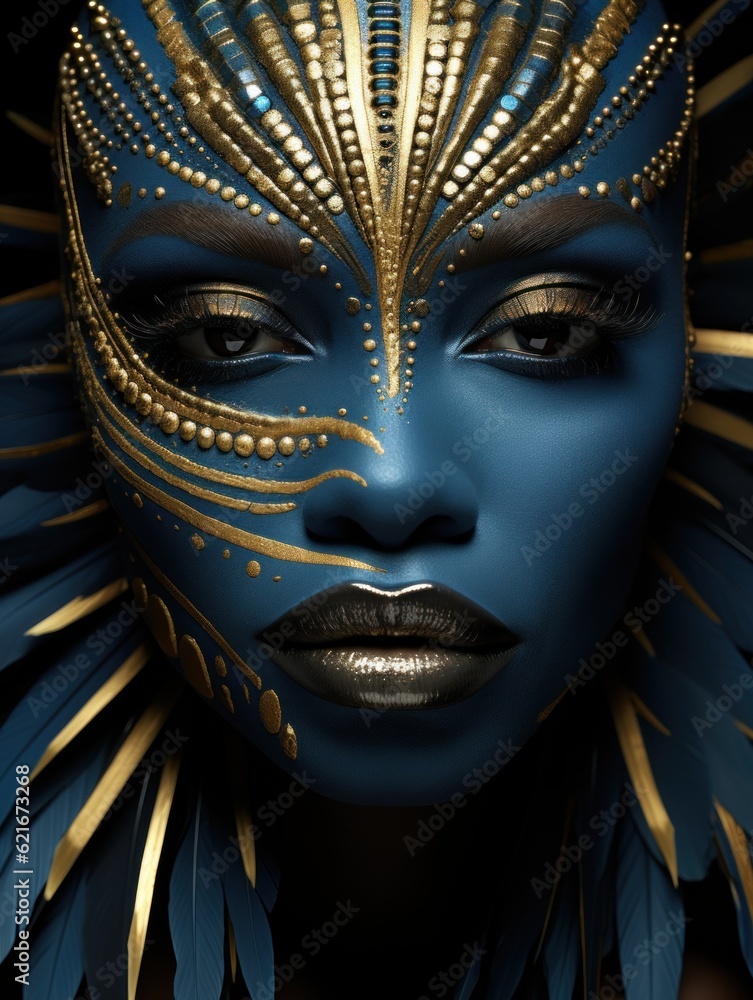 Canvas Prints A close up of a woman's face with blue and gold makeup. Generative AI image.