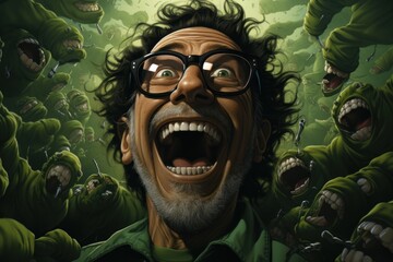 A man with glasses is screaming in front of a bunch of zombies. Generative AI image.