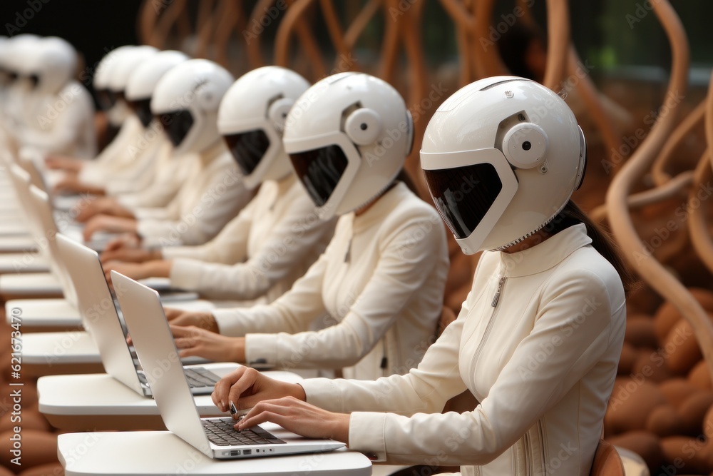 Poster a group of people wearing helmets using laptops. generative ai image.