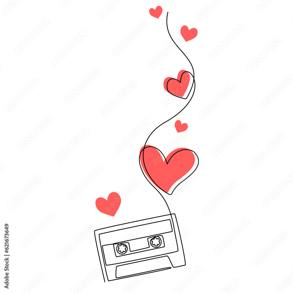 Poster One continuous line drawing of audio cassette tape with red hearts. Retro and vintage music and mixtape print for t-shirt in simple linear style. Editable stroke. Doodle Vector illustration