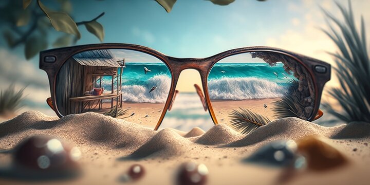 Beach landscape, sunglasses POV, sunglasses in the sand