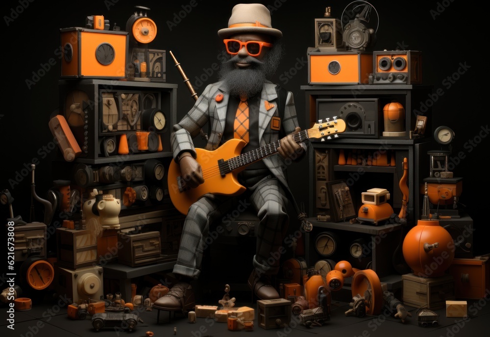 Poster a man with a beard sitting in front of a bunch of objects. generative ai image.