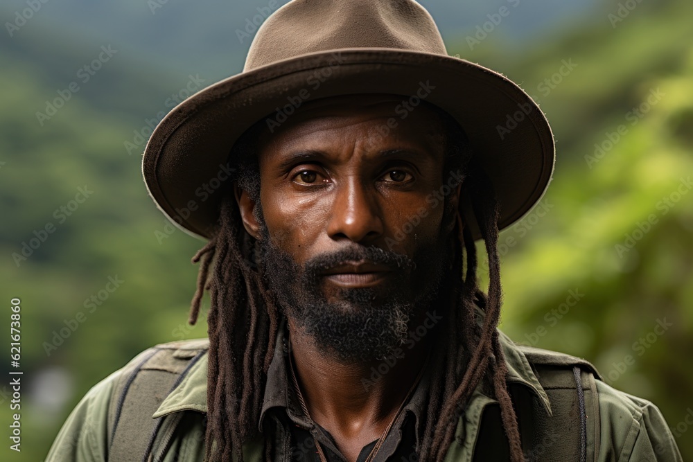 Poster a man with dreadlocks wearing a hat. generative ai image.