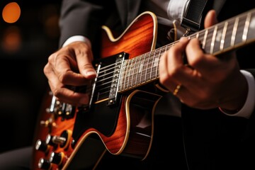 Obraz na płótnie Canvas A close up of a person playing a guitar. Generative AI image.