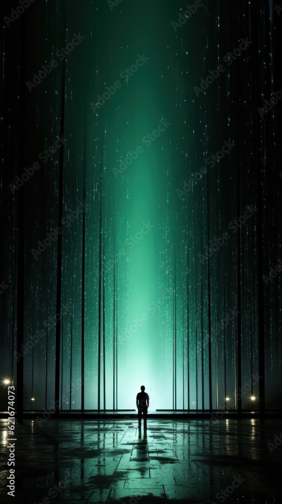 Poster a person standing in the middle of a forest. generative ai image.